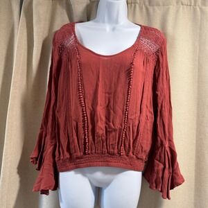 Express Rust Blouse Medium Long Sleeve Crochet Trim Details‎ Bell Sleeve Top